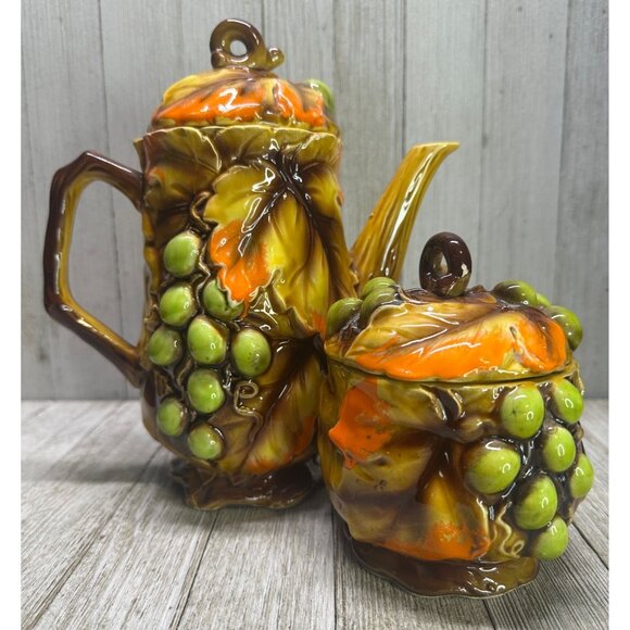 Vtg Nasco Swirling Leaves Grapes Tea Pot & Creamer Sugar Set MCM Japan 8", 4.5" - Picture 1 of 10